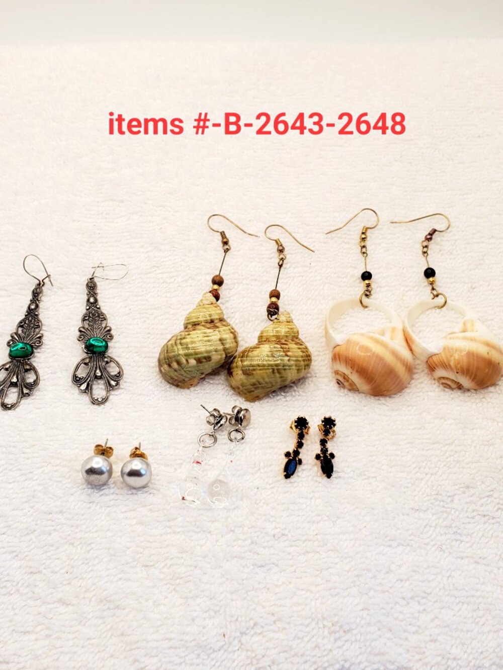 6 Pair of Pierced Earrings , items # B -2643-2648,. wt. 46 grams.